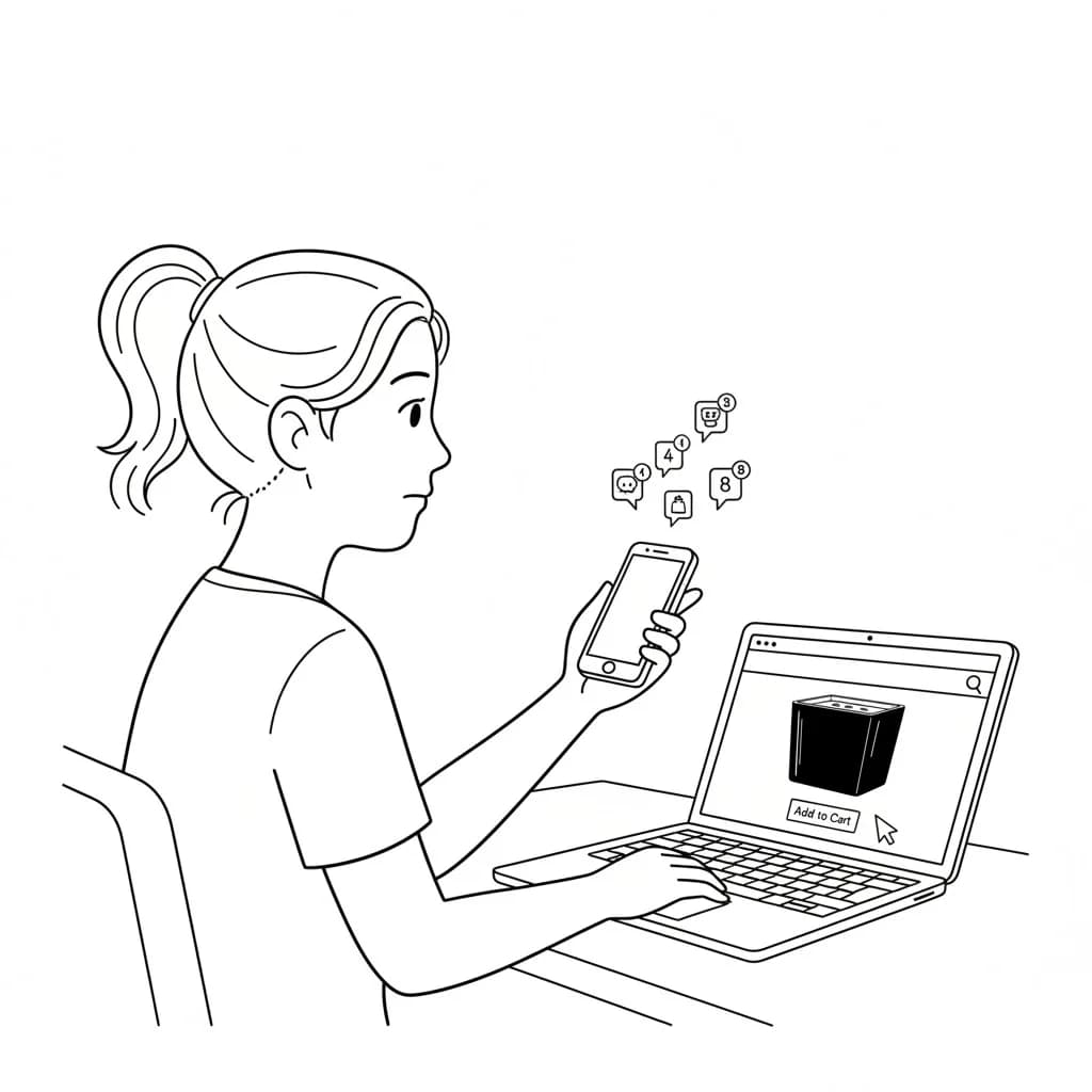 Alice gets distracted and abandons the cold plunge purchase. Alice, a young woman, looks away from her laptop screen toward phone notifications. The laptop shows the cold plunge product page with cursor idle, while her phone screen glows with multiple app notifications, showing a distracted expression and abandoned shopping cart.