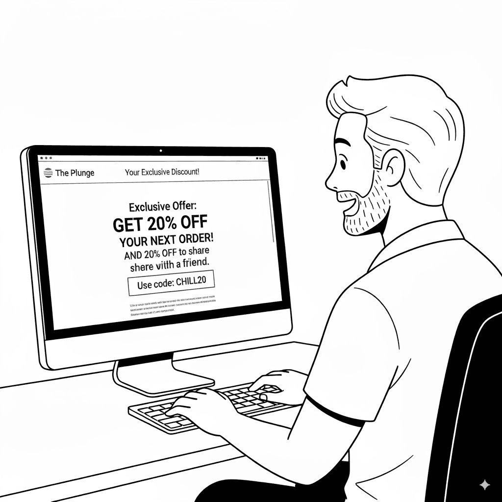 Alice receives a recovery email with an exclusive discount offer. Alice, a young woman, is seated at her desk looking excitedly at her computer screen which displays an 'Exclusive Offer: GET 20% OFF YOUR NEXT ORDER!' promotion. She has her hands positioned over the keyboard, ready to take action on the discount.
