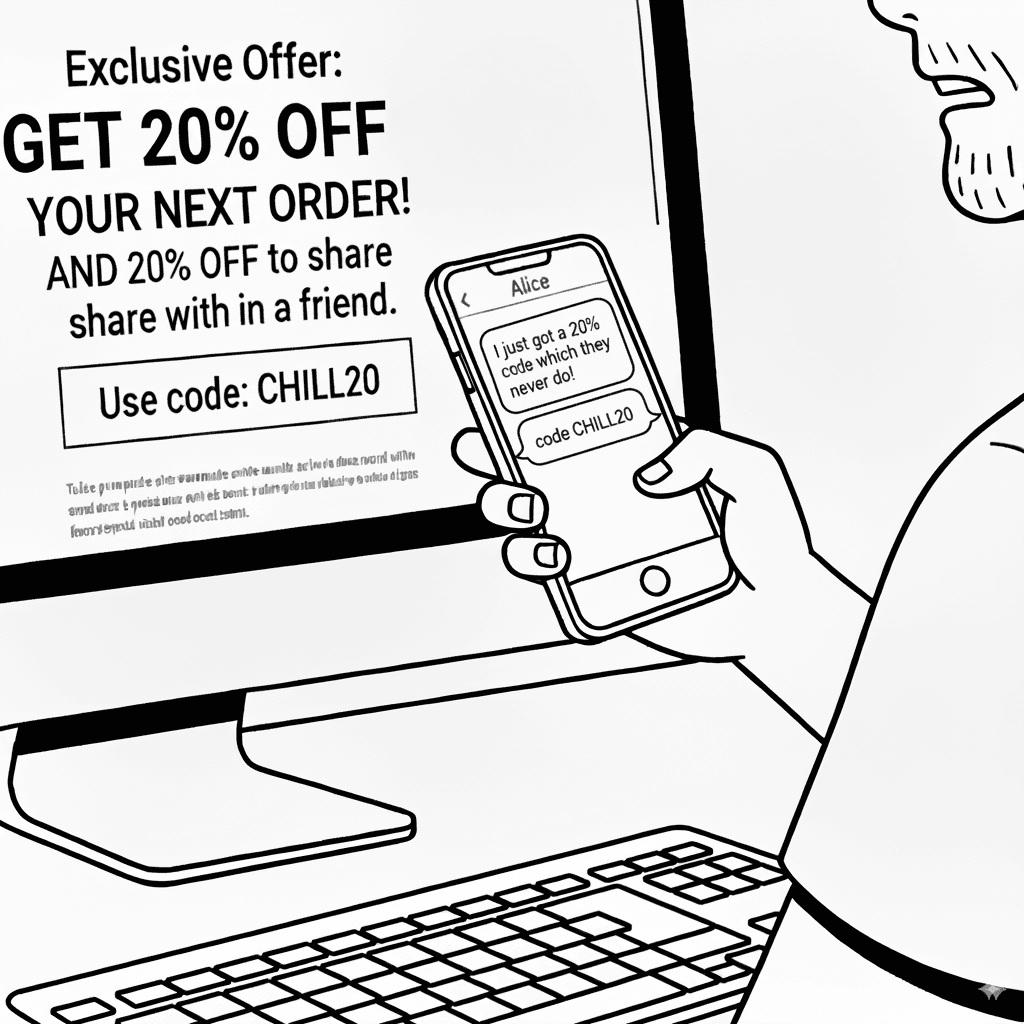 Bob receives a text message with a discount code while looking at the exclusive offer on her computer. Bob is holding his smartphone showing a text conversation with 'Alice' contact, displaying messages about a 20% code 'CHILL20'. His computer screen shows the exclusive offer details while she's positioned at her keyboard ready to take action.