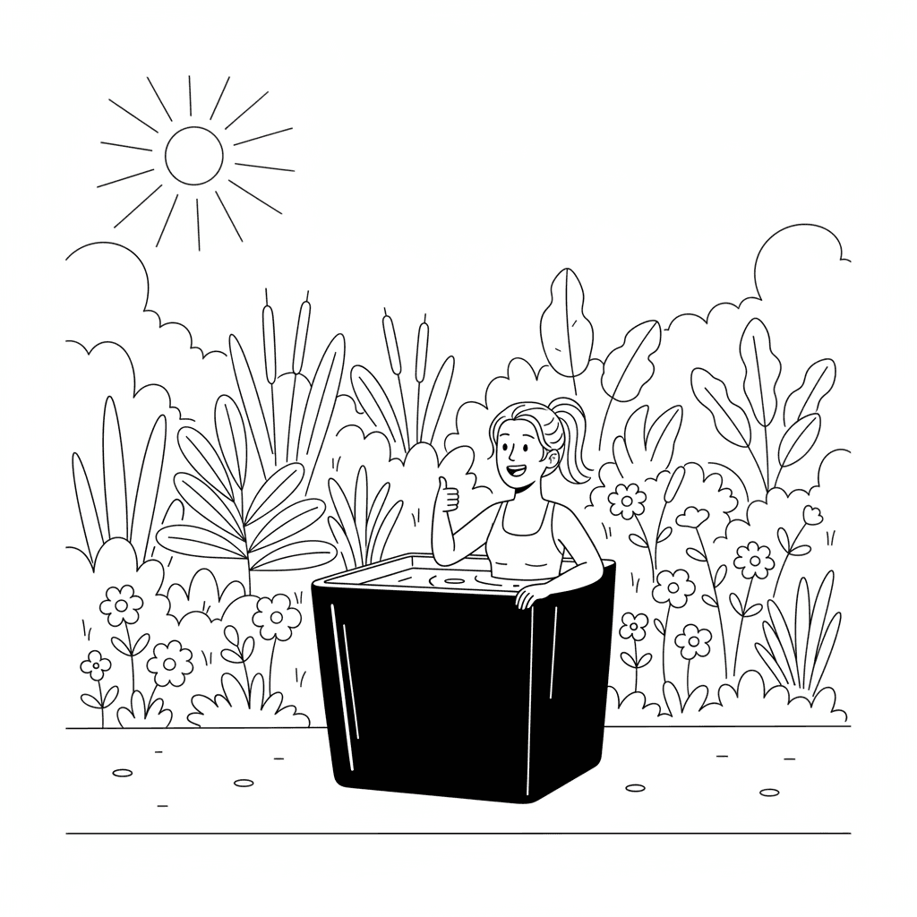Alice successfully purchases the cold plunge and enjoys it in her garden. Alice, a cheerful young woman with her hair in a ponytail, is smiling broadly and giving a thumbs up while sitting in a dark rectangular cold plunge tub. She's surrounded by a vibrant garden setting with various plants, flowers, and a sunny sky, showing her satisfaction with the purchase.
