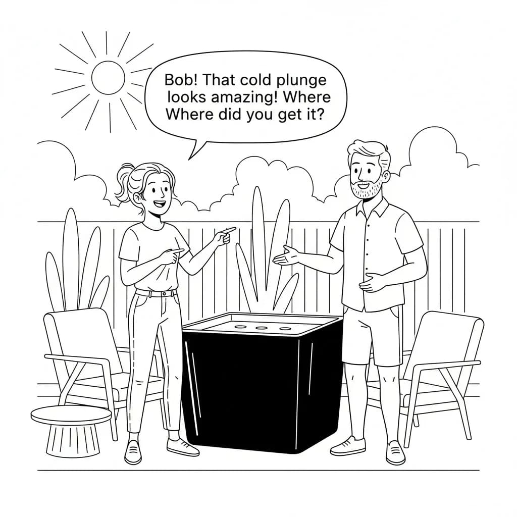 Alice discovers Bob's cold plunge tub in his backyard. Alice, a young woman in casual clothes, points excitedly at a sleek cold plunge tub while Bob, a friendly neighbor, stands nearby with a proud smile. The scene shows a modern backyard setting with outdoor furniture on a bright sunny day.